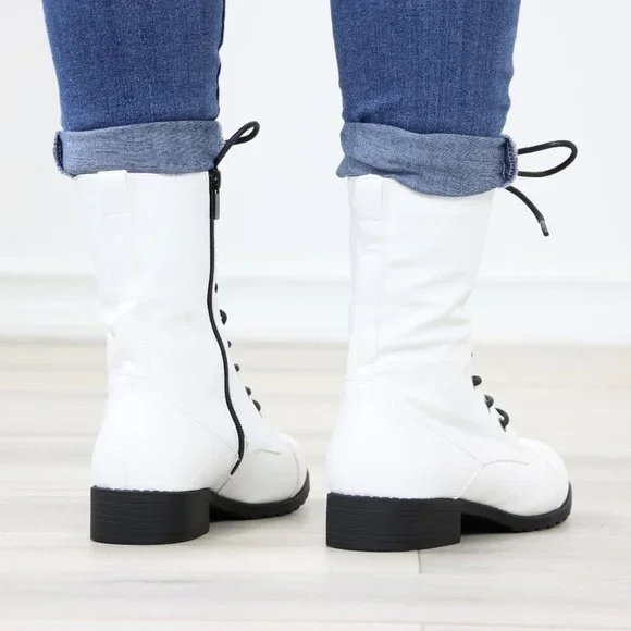 White Synthetic Leather Low Heel Round Toe Above Ankle Combat Boots - Picture 6 of 13